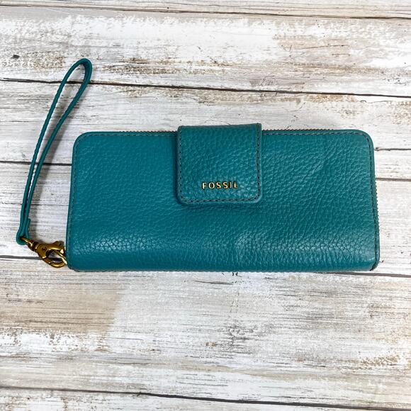 Fossil Leather Wallet Card Holder Pebbled Leather Zip Around Teal 7.5” x 3.5” - Picture 1 of 15